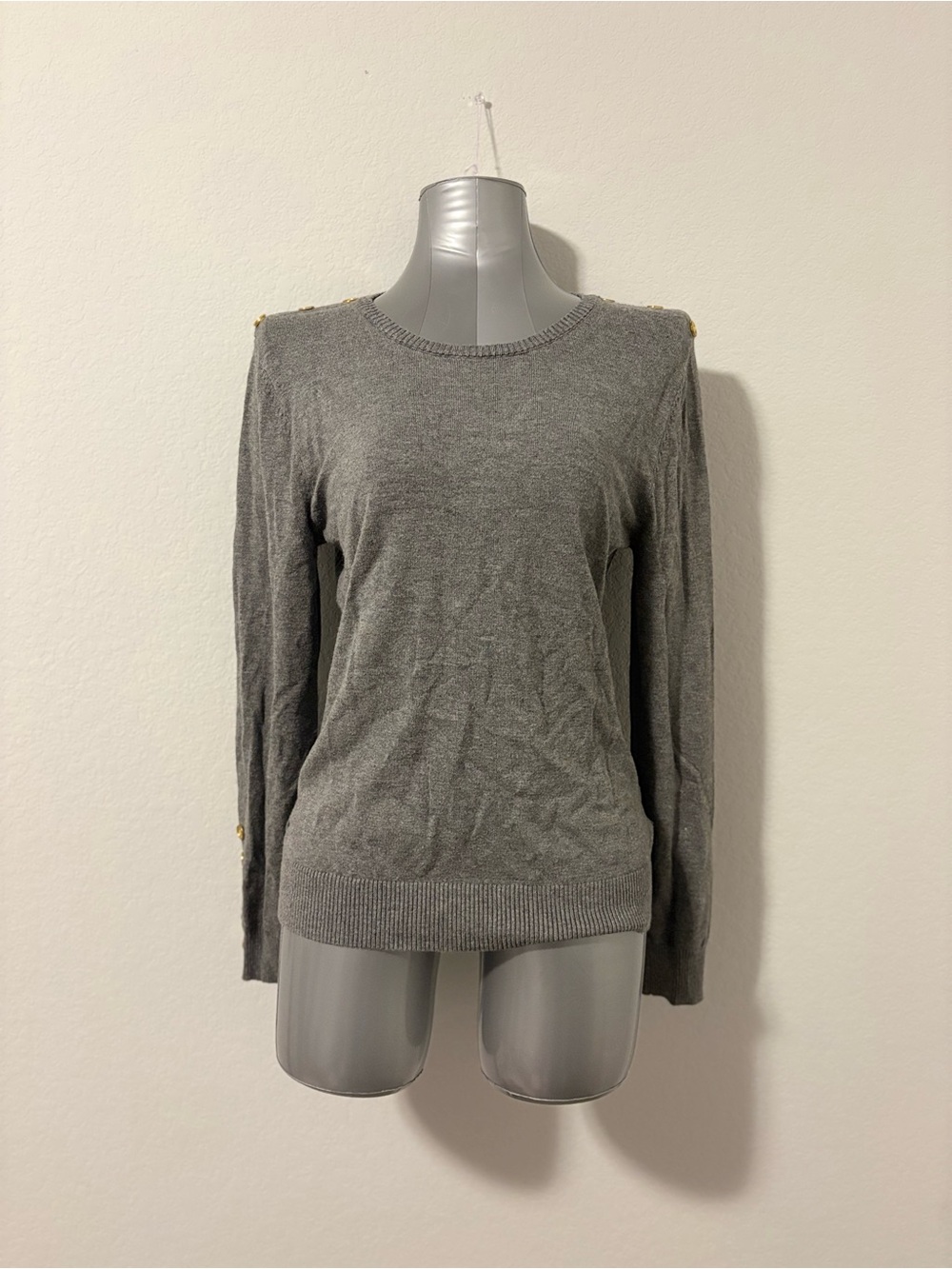 cleo Grey Crewneck Sweater with Gold Shoulder Buttons